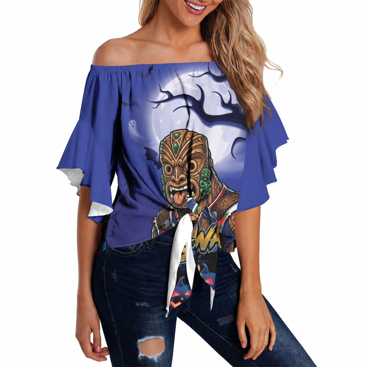 Custom Halloween New-Zealand Warriors Off Shoulder Wrap Waist Top Spooky Australia Mascot Rugby