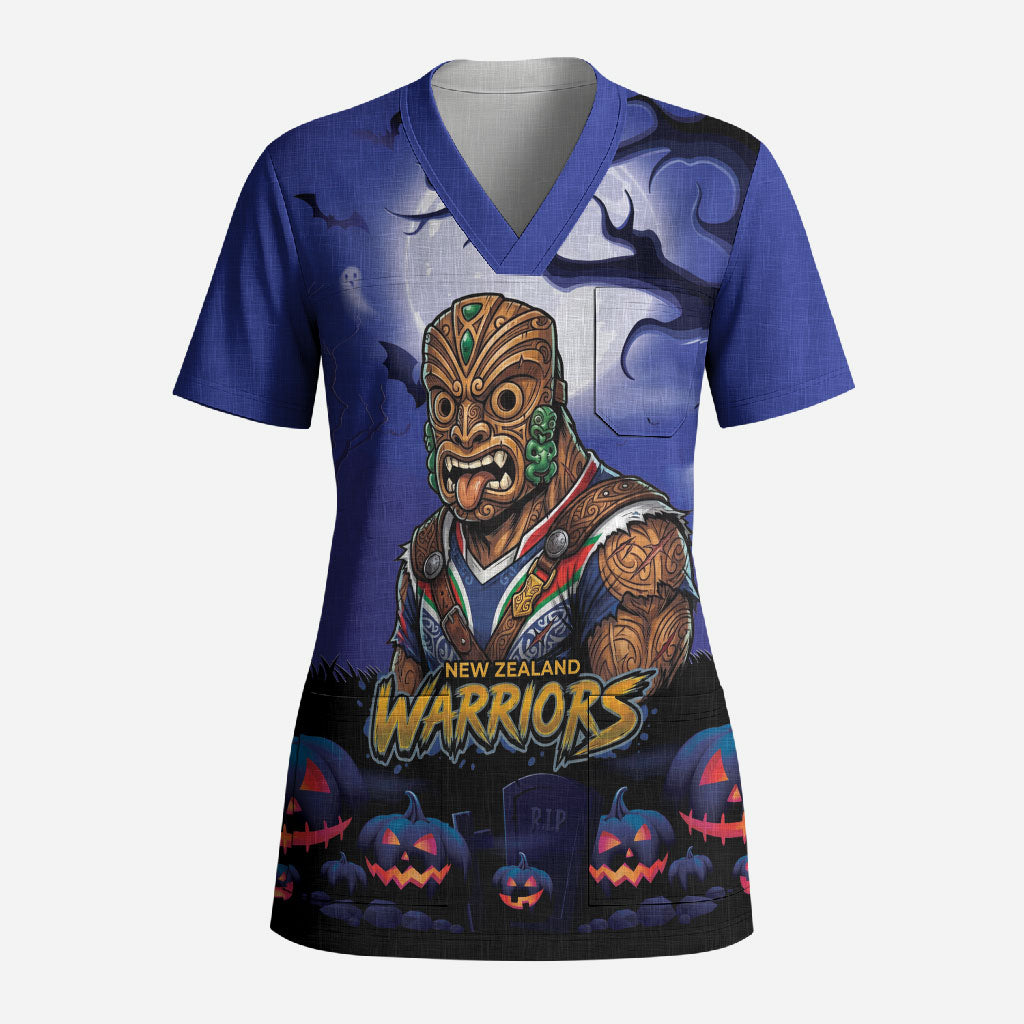 Custom Halloween New-Zealand Warriors Scrub Top Spooky Australia Mascot Rugby