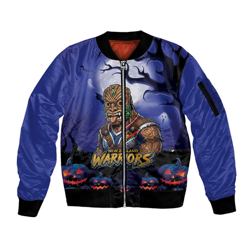 Custom Halloween New-Zealand Warriors Sleeve Zip Bomber Jacket Spooky Australia Mascot Rugby