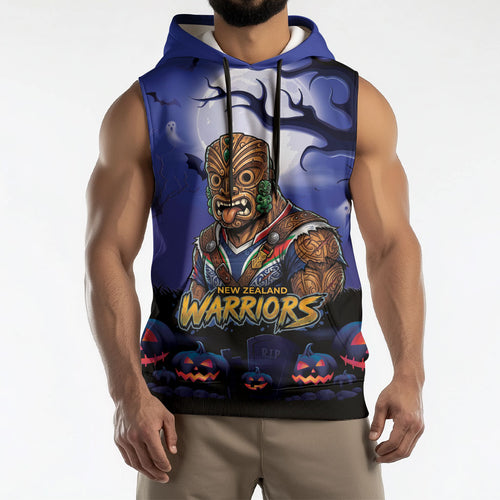 Custom Halloween New-Zealand Warriors Sleeveless Hoodie Spooky Australia Mascot Rugby