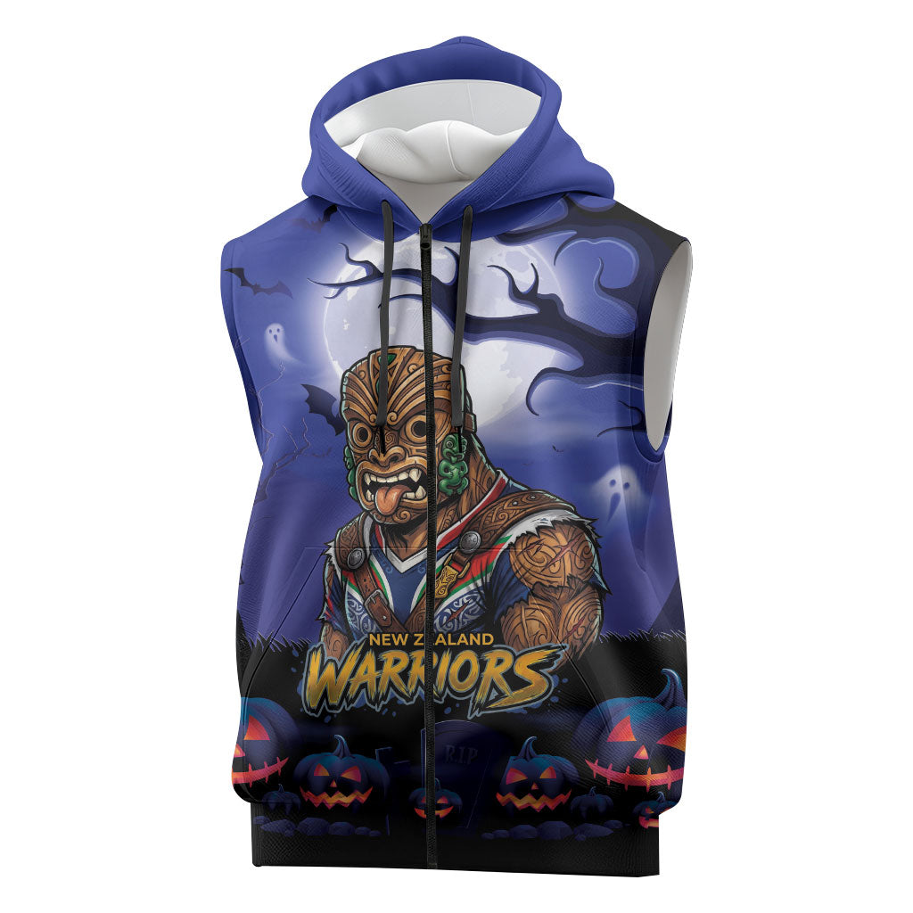 Custom Halloween New-Zealand Warriors Sleeveless Zip Hoodie Spooky Australia Mascot Rugby