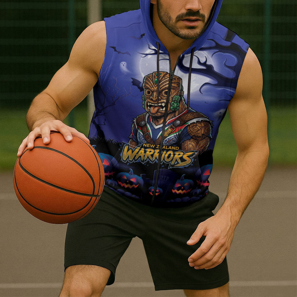 Custom Halloween New-Zealand Warriors Sleeveless Zip Hoodie Spooky Australia Mascot Rugby