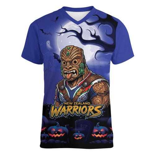 Custom Halloween New-Zealand Warriors Women V-Neck T-Shirt Spooky Australia Mascot Rugby
