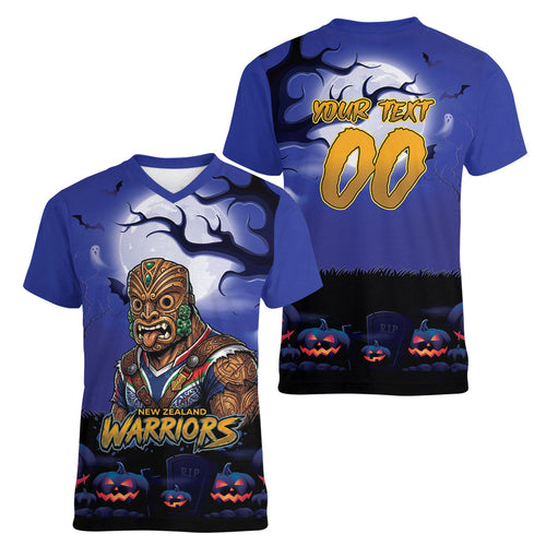 Custom Halloween New-Zealand Warriors Women V-Neck T-Shirt Spooky Australia Mascot Rugby