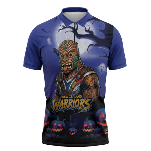 Custom Halloween New-Zealand Warriors Zipper Polo Shirt Spooky Australia Mascot Rugby