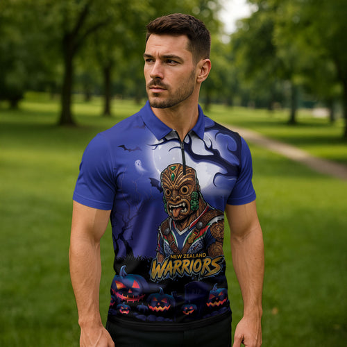 Custom Halloween New-Zealand Warriors Zipper Polo Shirt Spooky Australia Mascot Rugby