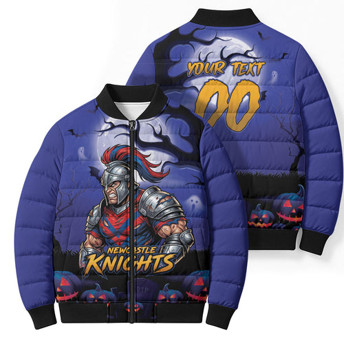 Custom Halloween Newcastle Knights Bomber Puffer Jacket Spooky Australia Mascot Rugby