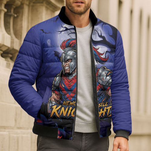 Custom Halloween Newcastle Knights Bomber Puffer Jacket Spooky Australia Mascot Rugby
