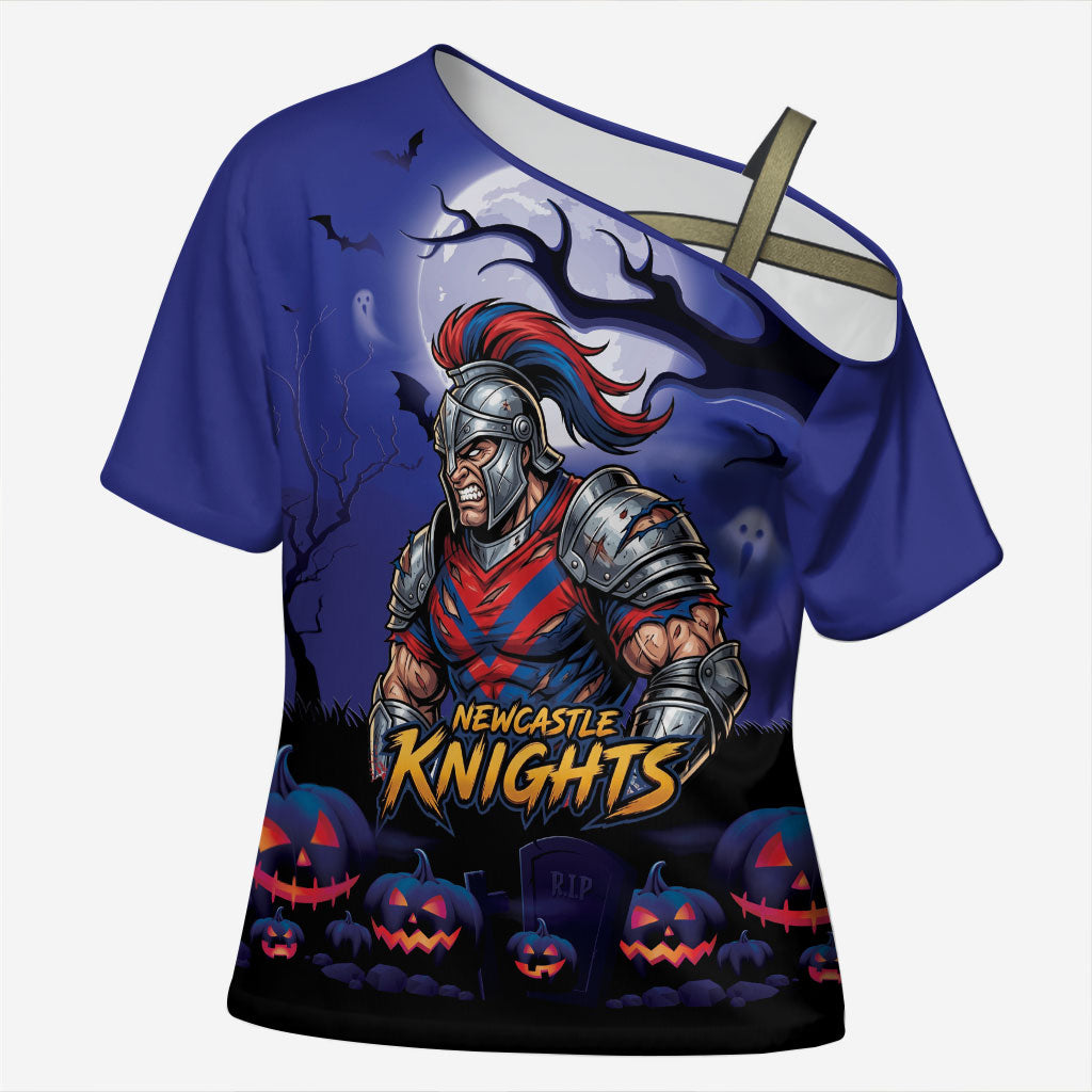 Custom Halloween Newcastle Knights Cross Shoulder Shirt Spooky Australia Mascot Rugby