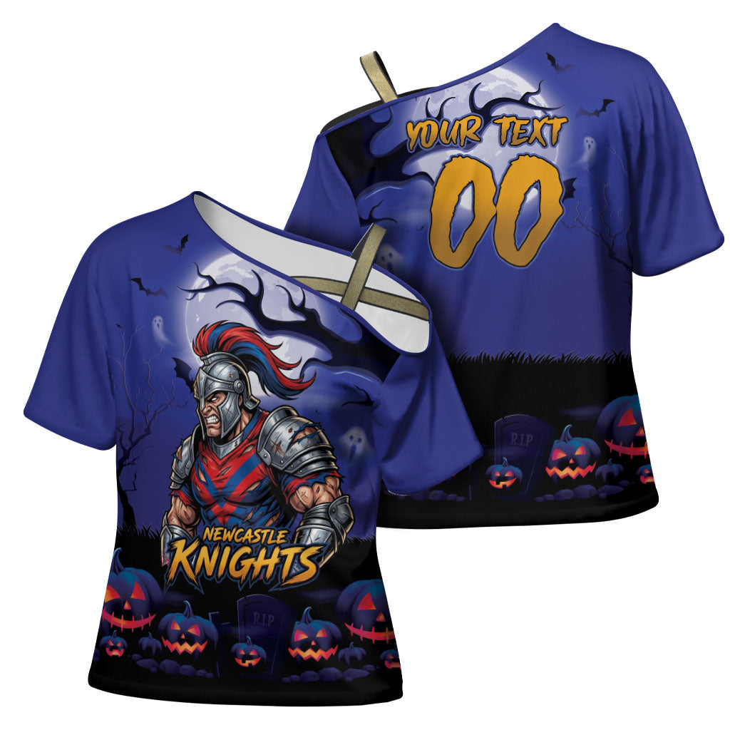 Custom Halloween Newcastle Knights Cross Shoulder Shirt Spooky Australia Mascot Rugby