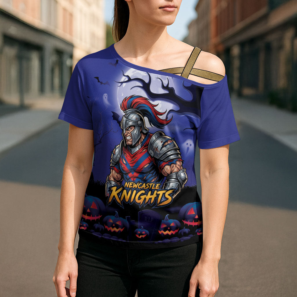 Custom Halloween Newcastle Knights Cross Shoulder Shirt Spooky Australia Mascot Rugby