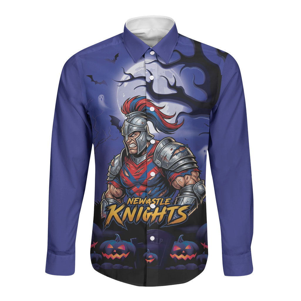 Custom Halloween Newcastle Knights Long Sleeve Button Shirt Spooky Australia Mascot Rugby