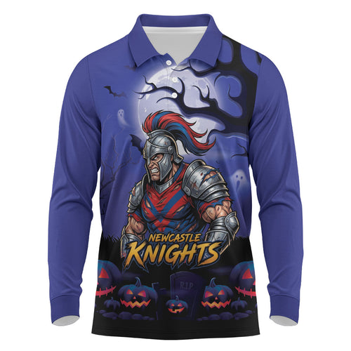 Custom Halloween Newcastle Knights Long Sleeve Polo Shirt Spooky Australia Mascot Rugby