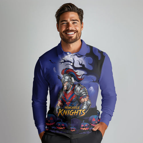 Custom Halloween Newcastle Knights Long Sleeve Polo Shirt Spooky Australia Mascot Rugby