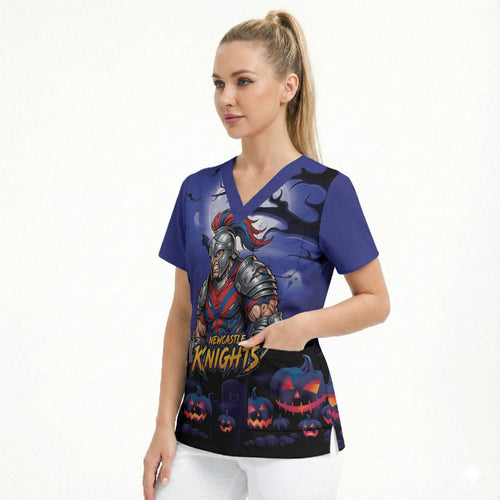 Custom Halloween Newcastle Knights Scrub Top Spooky Australia Mascot Rugby