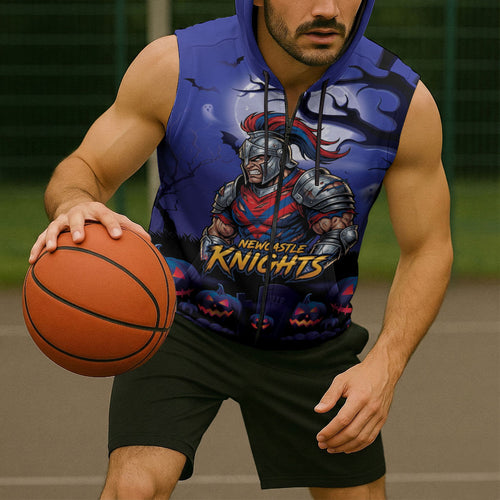 Custom Halloween Newcastle Knights Sleeveless Zip Hoodie Spooky Australia Mascot Rugby