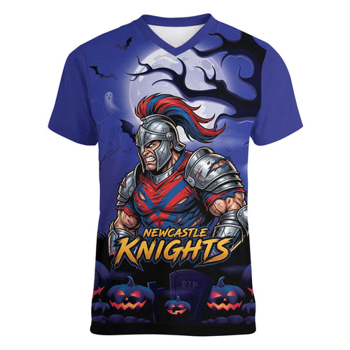 Custom Halloween Newcastle Knights Women V-Neck T-Shirt Spooky Australia Mascot Rugby