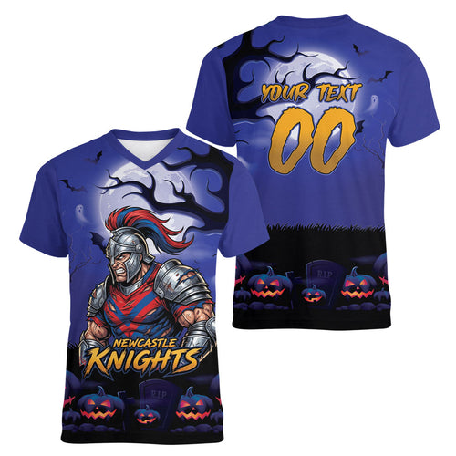 Custom Halloween Newcastle Knights Women V-Neck T-Shirt Spooky Australia Mascot Rugby