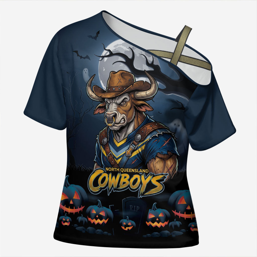 Custom Halloween North Queensland Cowboys Cross Shoulder Shirt Spooky Australia Mascot Rugby