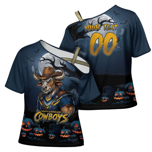 Custom Halloween North Queensland Cowboys Cross Shoulder Shirt Spooky Australia Mascot Rugby