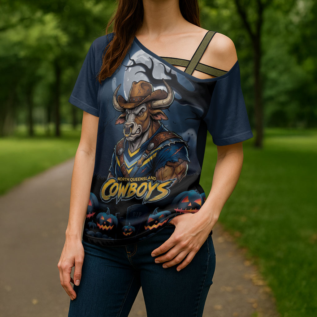 Custom Halloween North Queensland Cowboys Cross Shoulder Shirt Spooky Australia Mascot Rugby