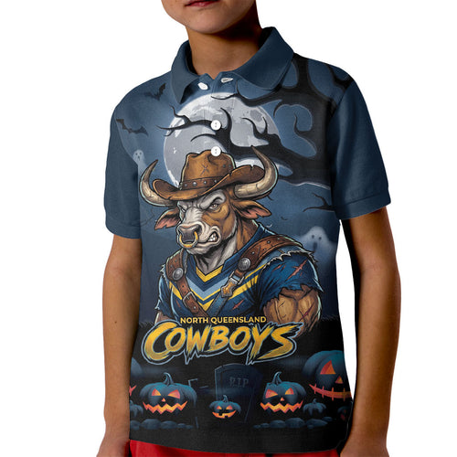 Custom Halloween North Queensland Cowboys Kid Polo Shirt Spooky Australia Mascot Rugby