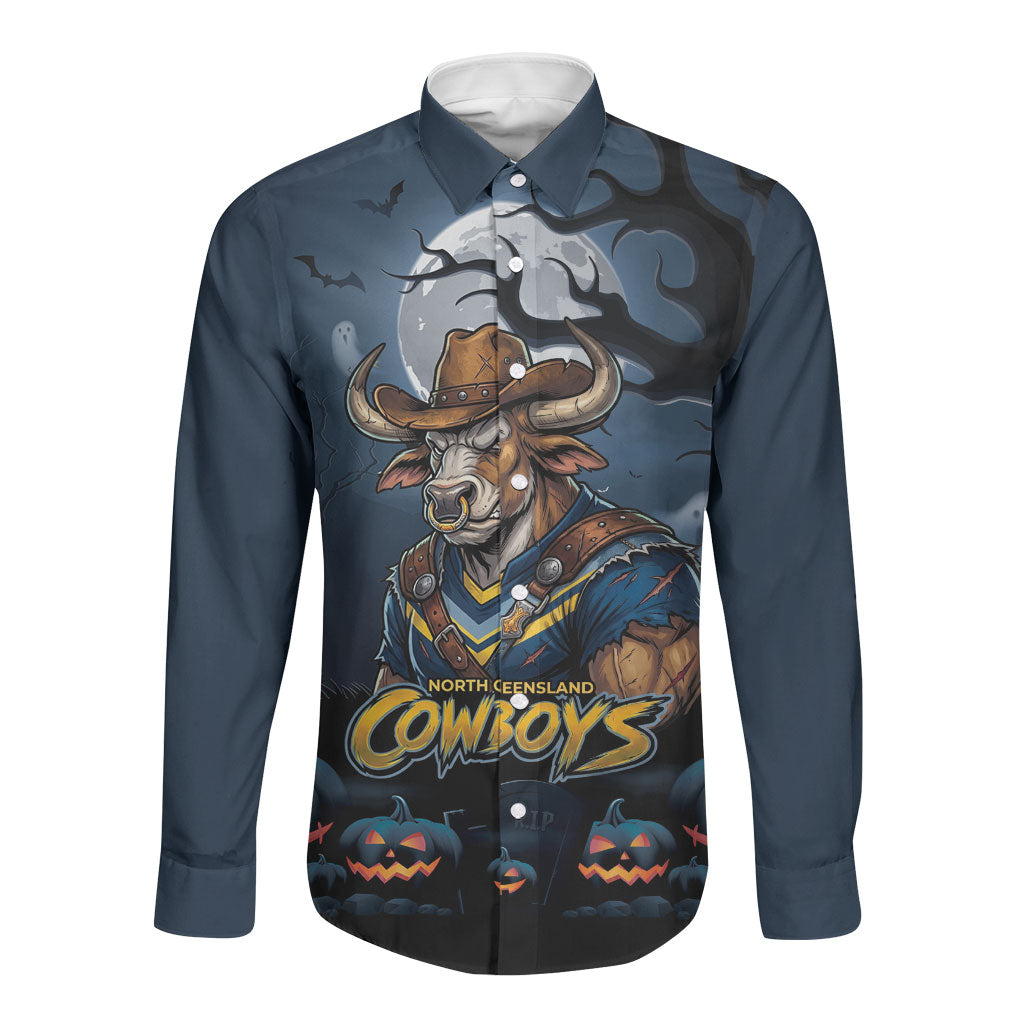 Custom Halloween North Queensland Cowboys Long Sleeve Button Shirt Spooky Australia Mascot Rugby