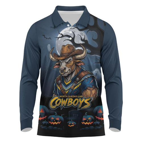 Custom Halloween North Queensland Cowboys Long Sleeve Polo Shirt Spooky Australia Mascot Rugby
