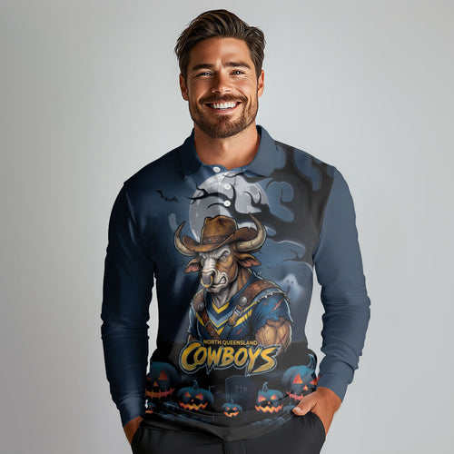 Custom Halloween North Queensland Cowboys Long Sleeve Polo Shirt Spooky Australia Mascot Rugby