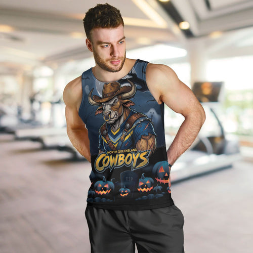 Custom Halloween North Queensland Cowboys Men Tank Top Spooky Australia Mascot Rugby