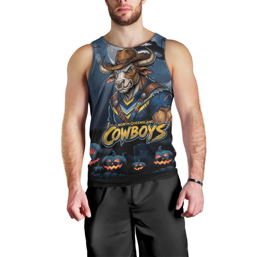 Custom Halloween North Queensland Cowboys Men Tank Top Spooky Australia Mascot Rugby