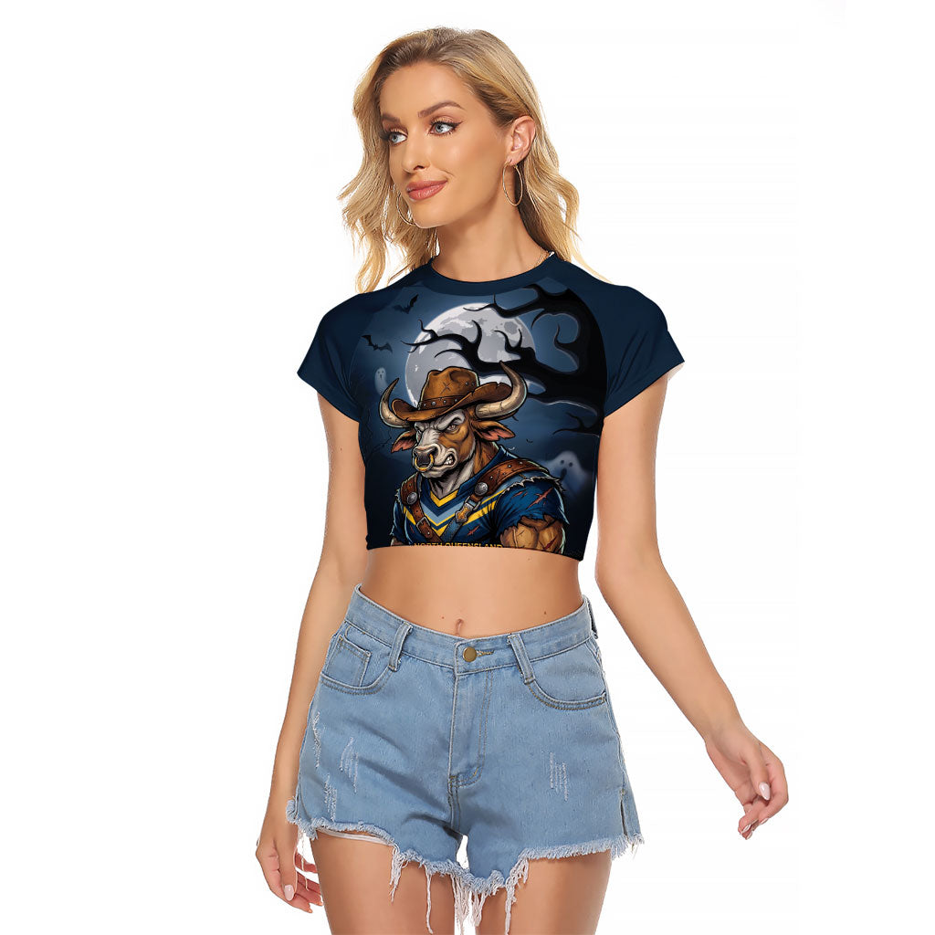 Custom Halloween North Queensland Cowboys Raglan Cropped T Shirt Spooky Australia Mascot Rugby