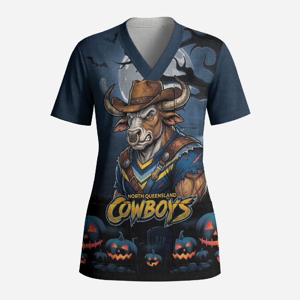 Custom Halloween North Queensland Cowboys Scrub Top Spooky Australia Mascot Rugby