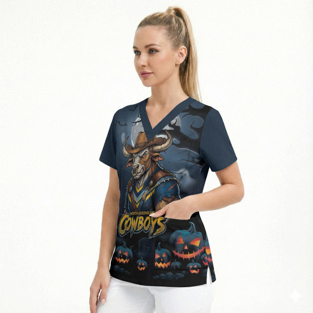 Custom Halloween North Queensland Cowboys Scrub Top Spooky Australia Mascot Rugby