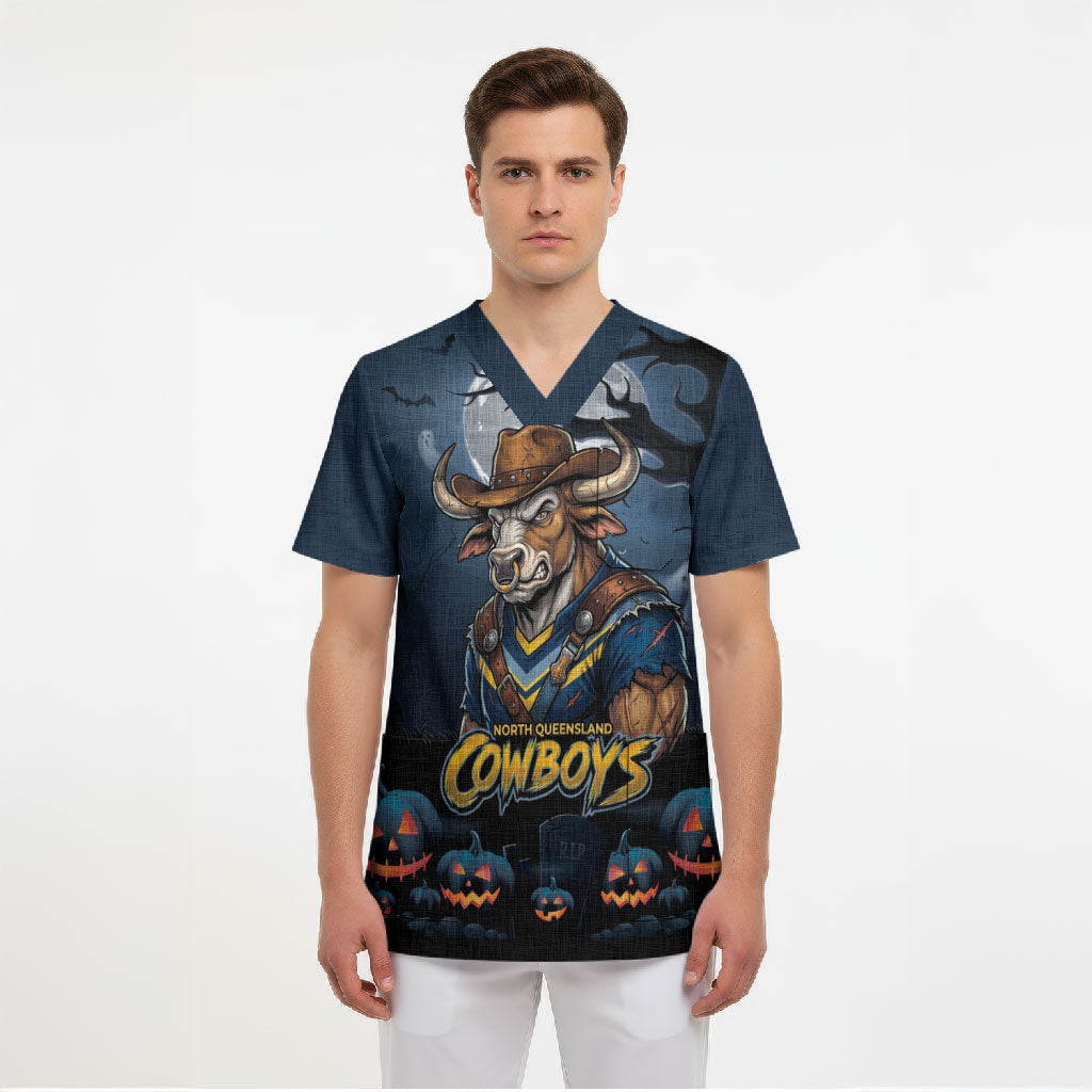 Custom Halloween North Queensland Cowboys Scrub Top Spooky Australia Mascot Rugby