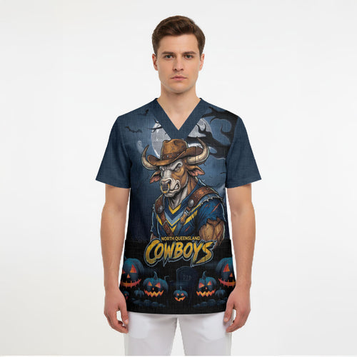 Custom Halloween North Queensland Cowboys Scrub Top Spooky Australia Mascot Rugby