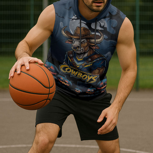 Custom Halloween North Queensland Cowboys Sleeveless Hoodie Spooky Australia Mascot Rugby
