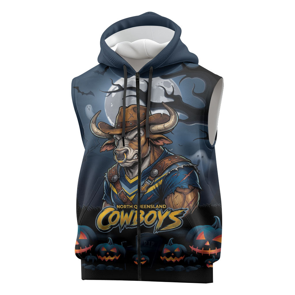 Custom Halloween North Queensland Cowboys Sleeveless Zip Hoodie Spooky Australia Mascot Rugby