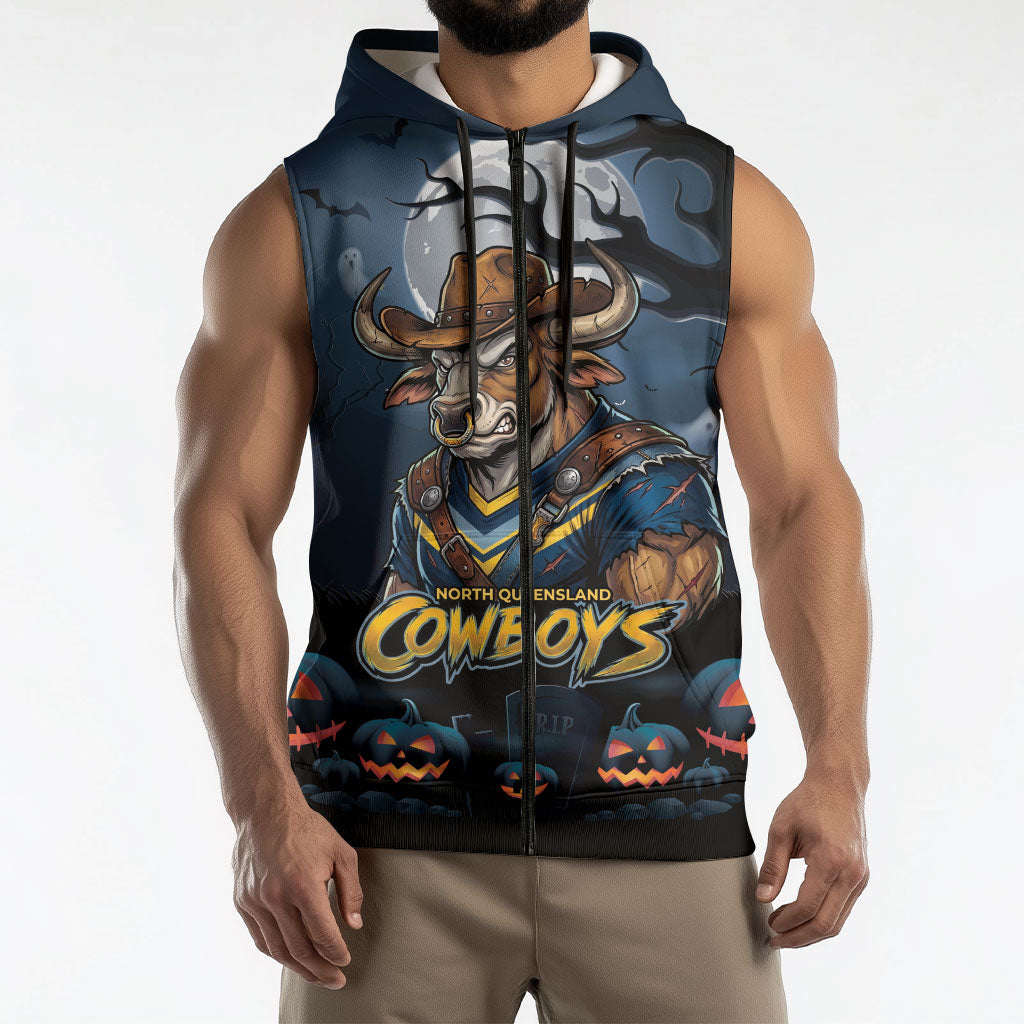 Custom Halloween North Queensland Cowboys Sleeveless Zip Hoodie Spooky Australia Mascot Rugby