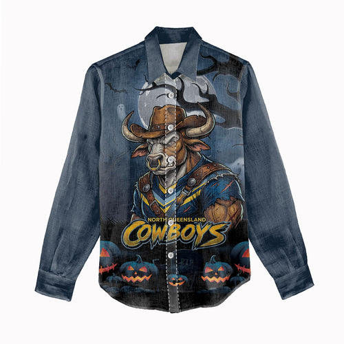 Custom Halloween North Queensland Cowboys Women Casual Shirt Spooky Australia Mascot Rugby