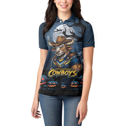Custom Halloween North Queensland Cowboys Women Polo Shirt Spooky Australia Mascot Rugby
