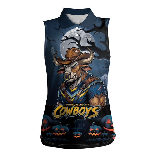 Custom Halloween North Queensland Cowboys Women Sleeveless Polo Shirt Spooky Australia Mascot Rugby