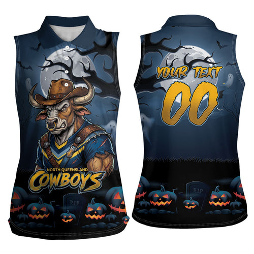 Custom Halloween North Queensland Cowboys Women Sleeveless Polo Shirt Spooky Australia Mascot Rugby