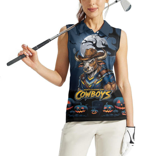 Custom Halloween North Queensland Cowboys Women Sleeveless Polo Shirt Spooky Australia Mascot Rugby