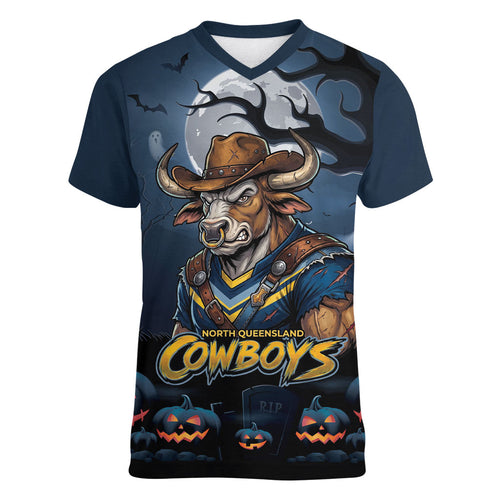 Custom Halloween North Queensland Cowboys Women V-Neck T-Shirt Spooky Australia Mascot Rugby
