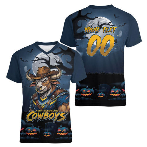 Custom Halloween North Queensland Cowboys Women V-Neck T-Shirt Spooky Australia Mascot Rugby
