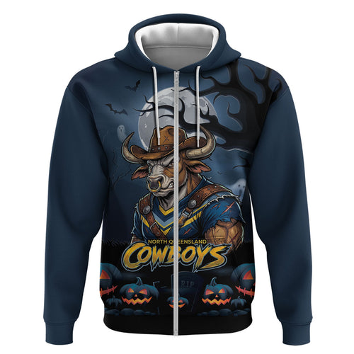 Custom Halloween North Queensland Cowboys Zip Hoodie Spooky Australia Mascot Rugby