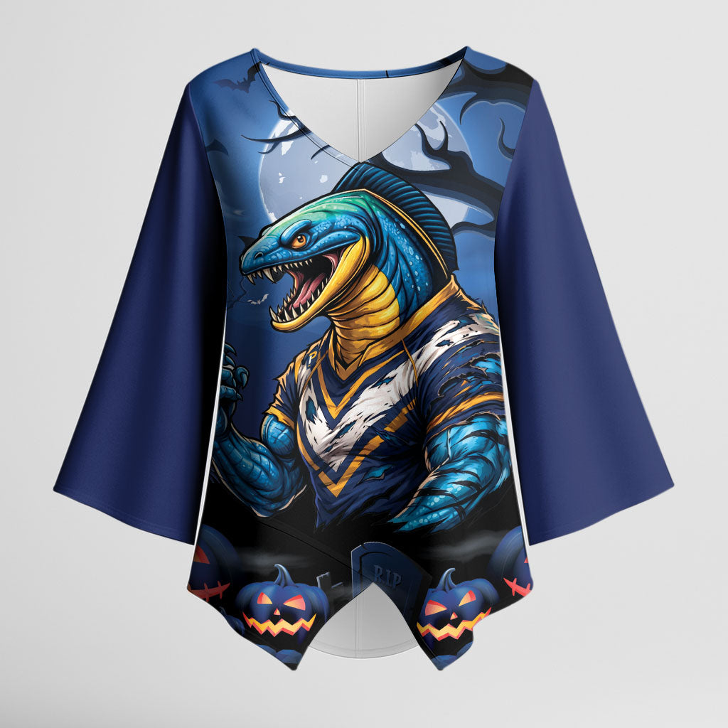 Custom Halloween Parramatta Eels Kimono Sleeve Blouse Spooky Australia Mascot Rugby