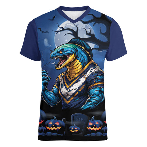 Custom Halloween Parramatta Eels Women V-Neck T-Shirt Spooky Australia Mascot Rugby