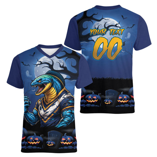 Custom Halloween Parramatta Eels Women V-Neck T-Shirt Spooky Australia Mascot Rugby